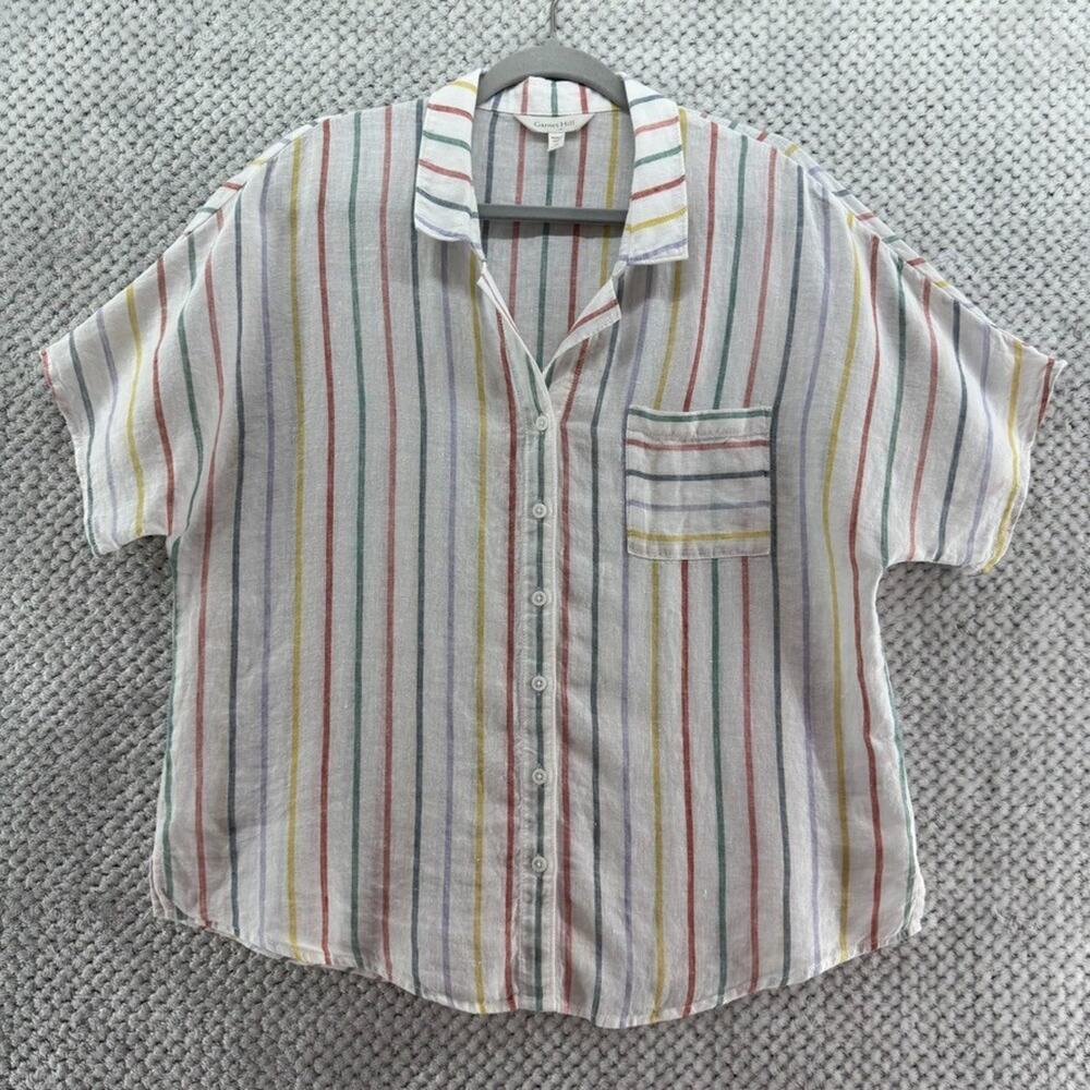 Garnet Hill Top Women 14 White Striped Rainbow Linen Button Front Short Sleeve